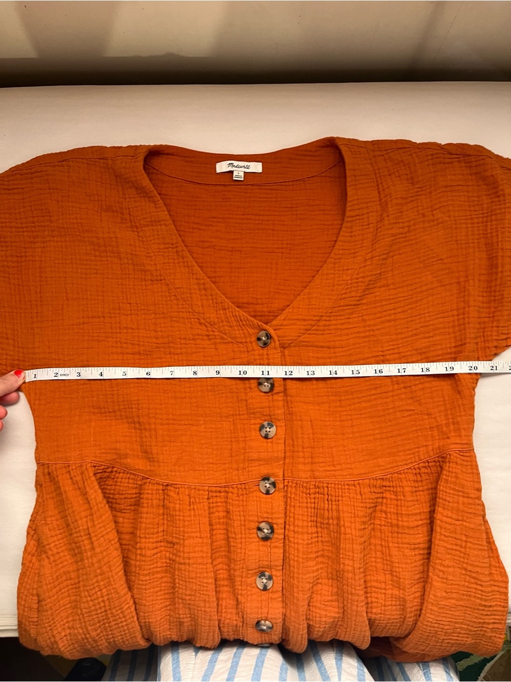 Madewell Orange Button-Front Cotton Gauze Textured Dress Large - Picture 6 of 8